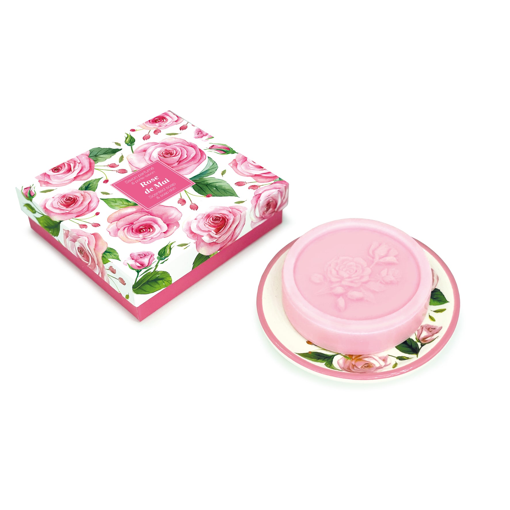 Cofanetto con saponetta alla rosa e porta sapone in ceramica decorata, come in provenza