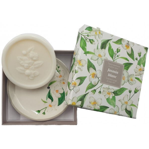 Cofanetto con saponetta al delicato profumo di gelsomino e porta sapone in ceramica decorato, come in provenza