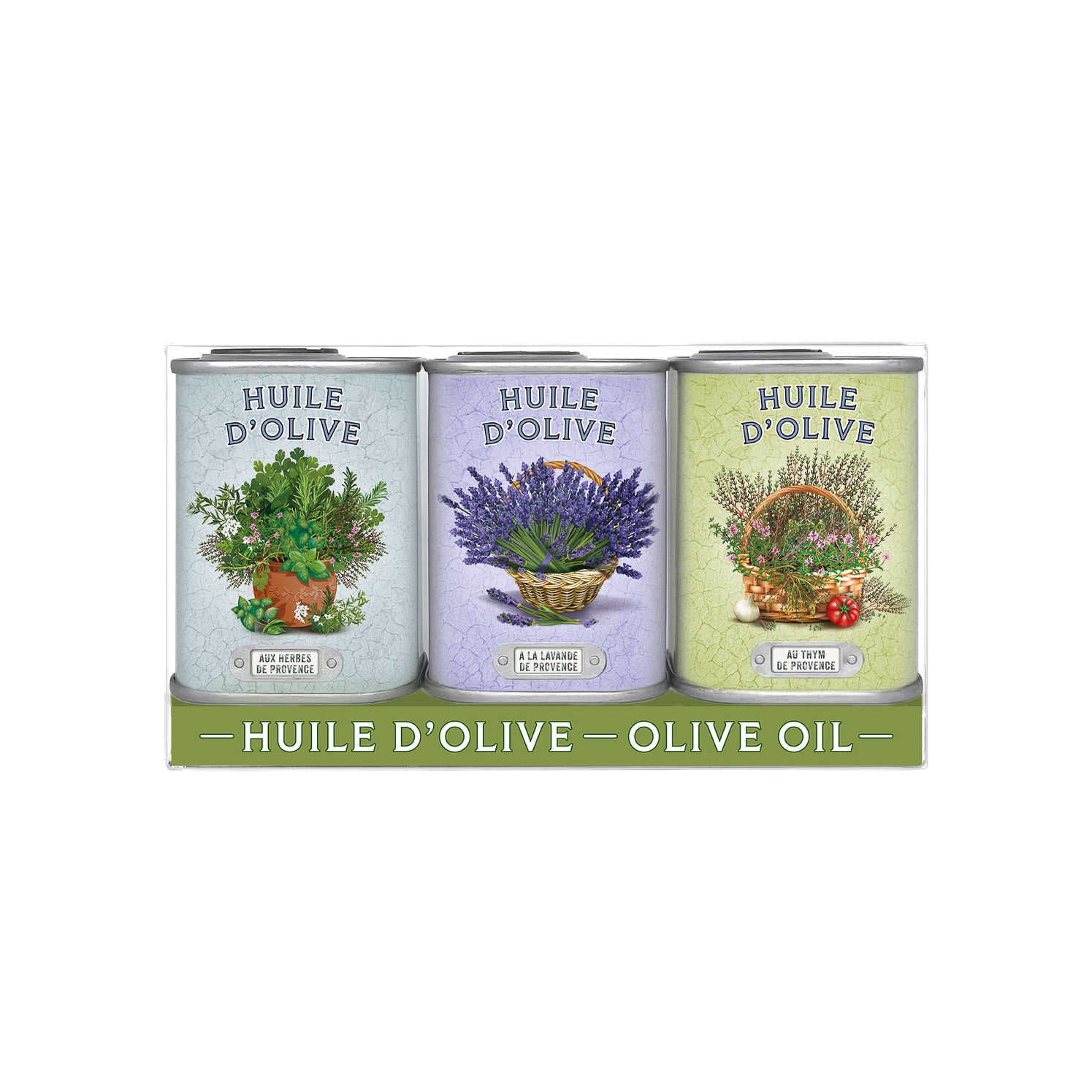 Cofanetto di olio di oliva EVO erbe provenzali lavanda e timo IGP in latte da 75 ml