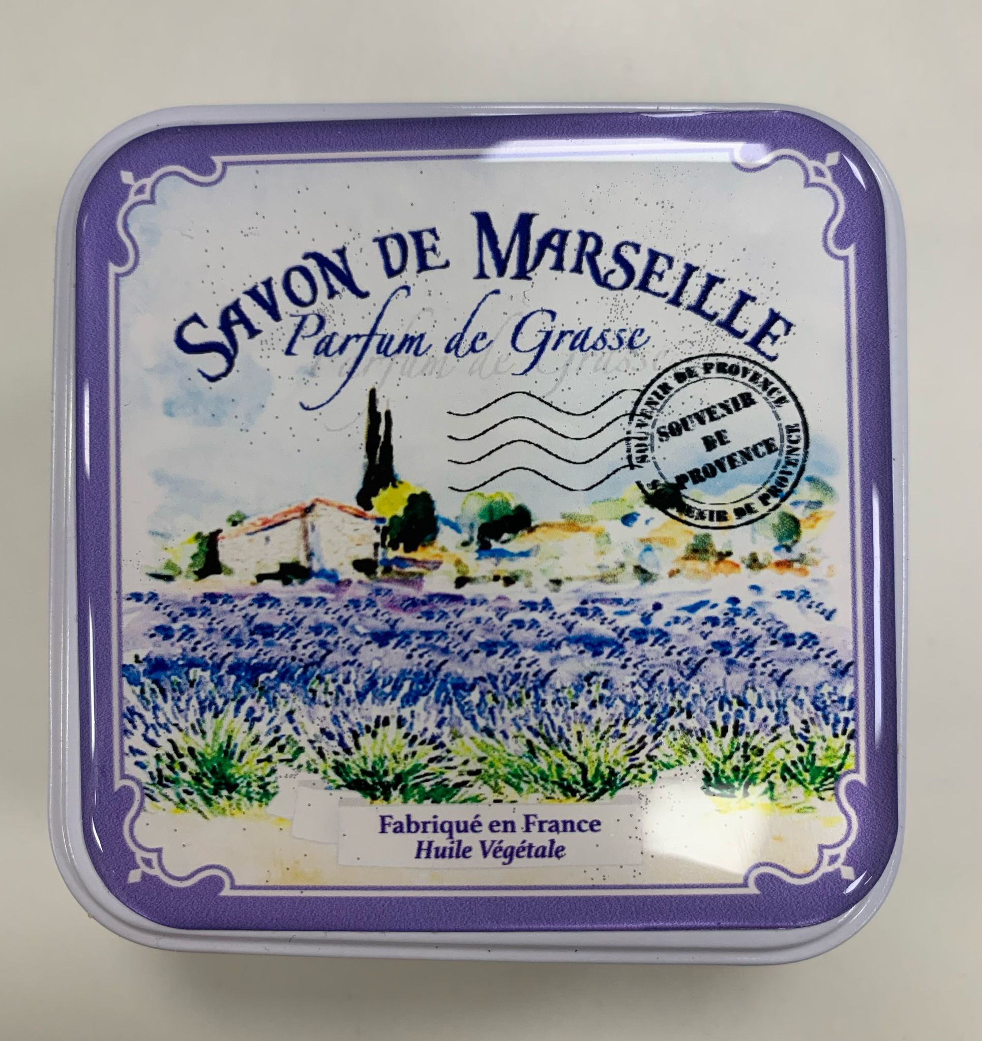 Scatolina portasapone in metallo con saponetta alla lavanda