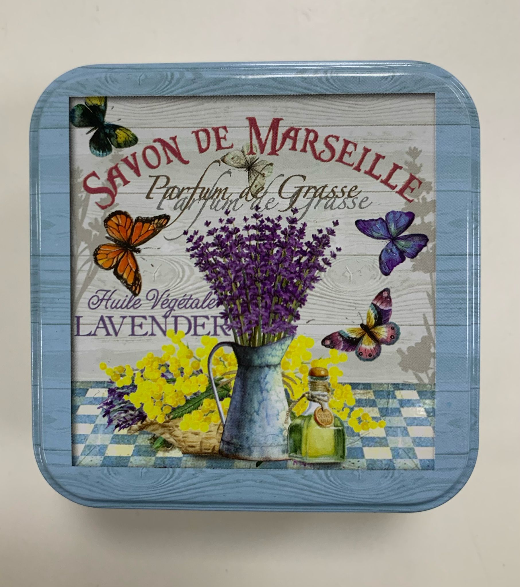 Scatolina portasapone in metallo con saponetta alla lavanda