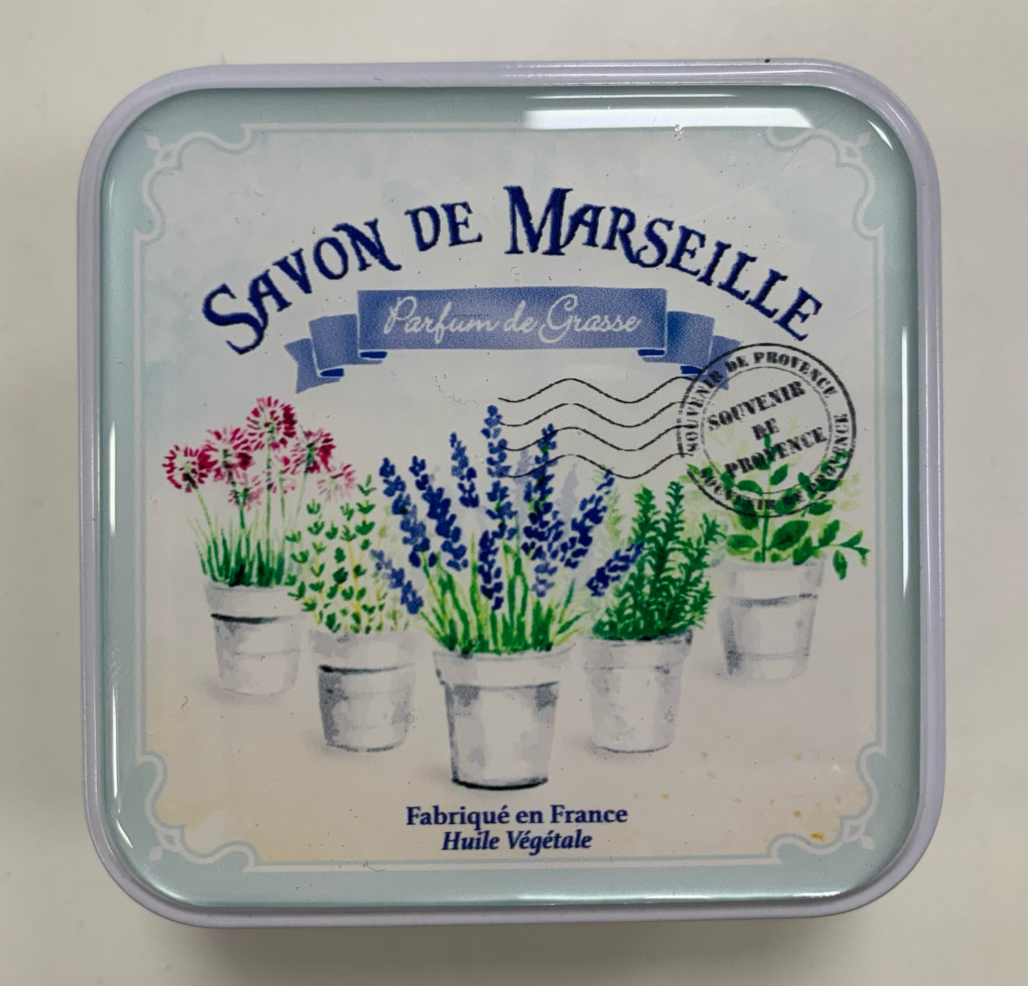 Scatolina portasapone in metallo con saponetta alla lavanda