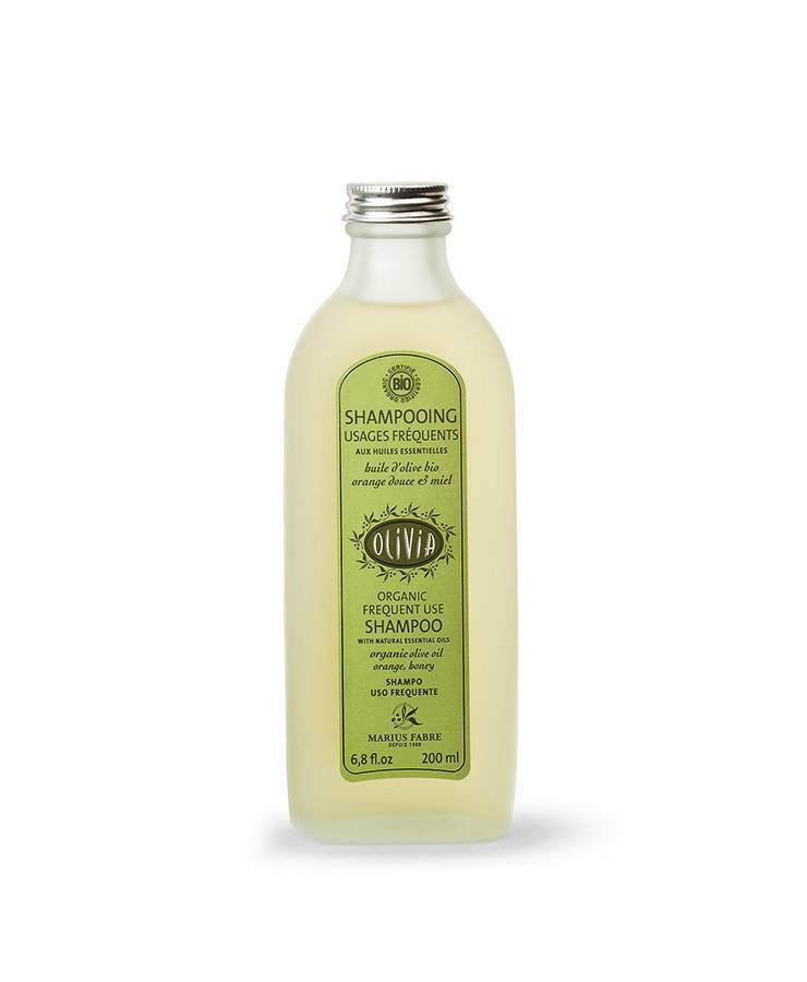 Lo shampoo uso frequente biologico Olivia di marius fabre contiene olio di oliva biologico, profumato con oli essenziali di arancio dolce e fiori d&
