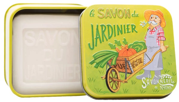 Porta sapone in latta con saponetta artigianale &quot;il Sapone del Giardiniere&quot;, come in provenza