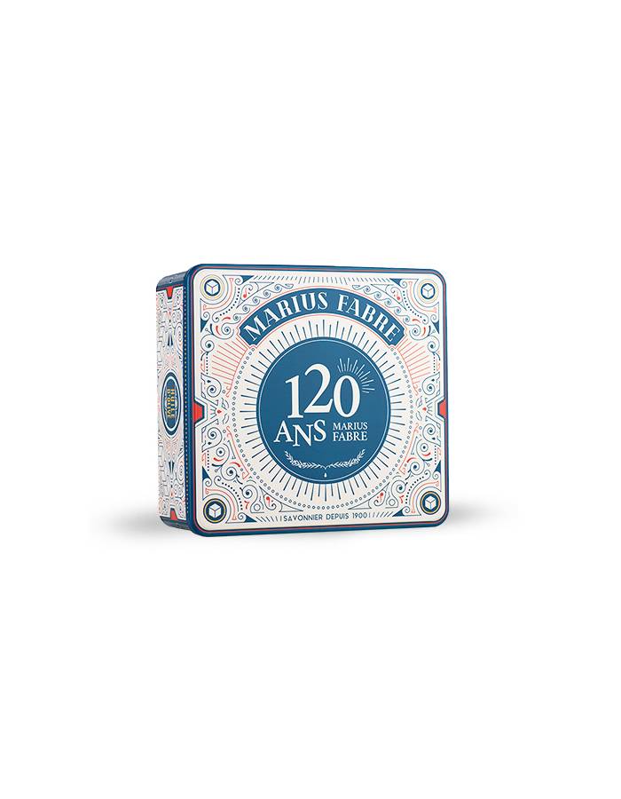 Cofanetto in metallo per celebrare i 120 anni della fabbrica di sapone di Marius fabre,lo trovi da come in provenza rivenditore ufficiale