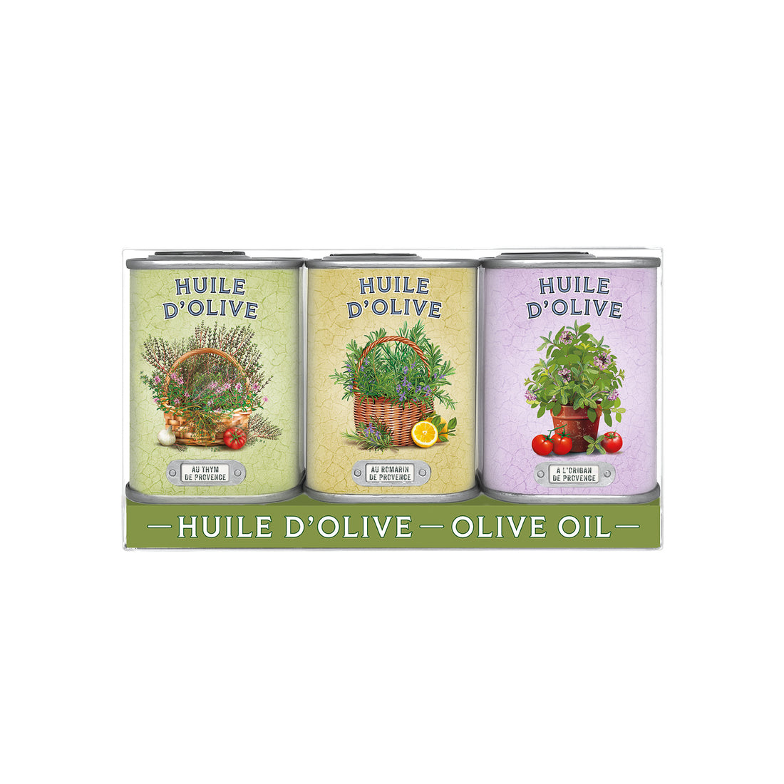 Cofanetto olio di oliva extra vergine aromatizzati timo rosmarino origano in latta da 75 ml