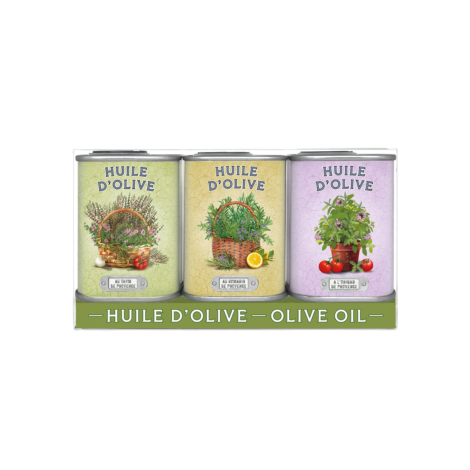 Cofanetto olio di oliva extra vergine aromatizzati timo rosmarino origano in latta da 75 ml
