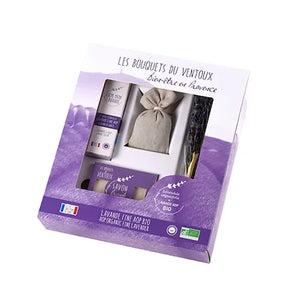 Confezione regalo "Benessere in Provenza" che contiene esclusivi prodotti a base di lavanda biologica coltivata ai piedi del Mont Ventoux, come in provenza