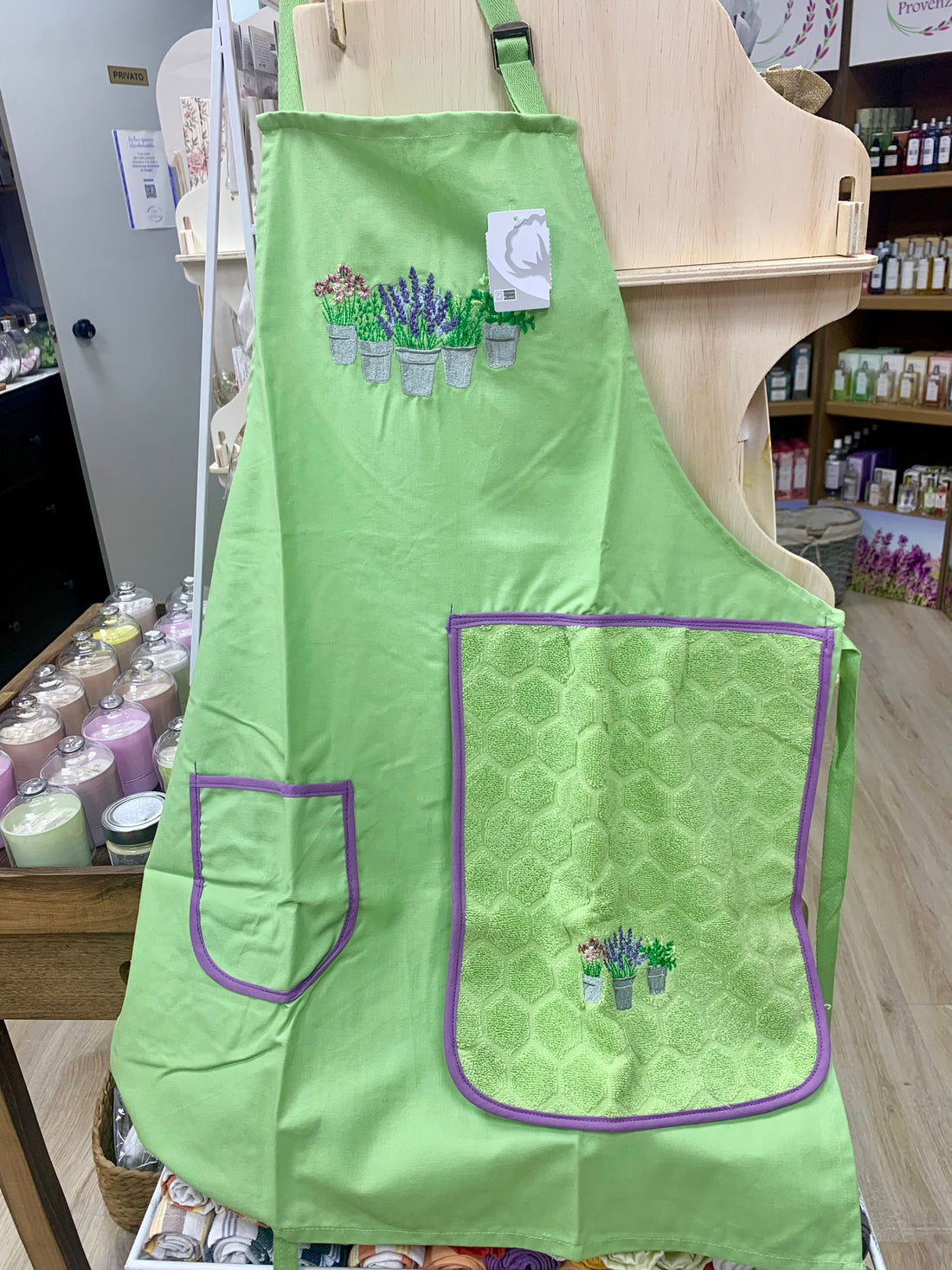 Grembiule ricamato con torchon in spugna di cotone collezione Petit Jardin