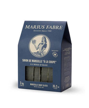 confezione di 1 kg di autentico sapone di marsiglia all'olio di oliva marius fabre a fette, lo trovi da come in provenza rivenditore ufficiale