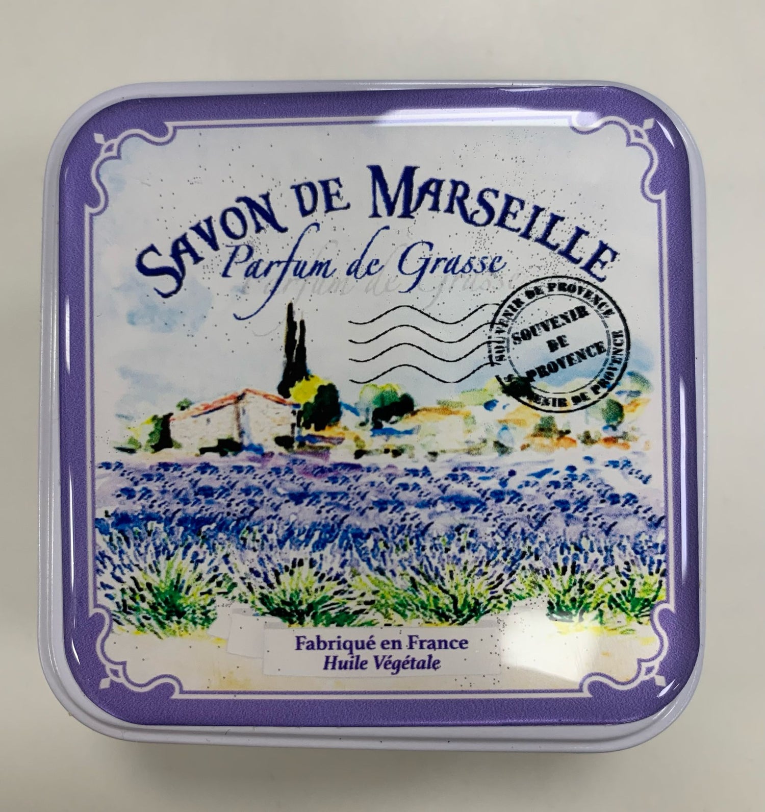Scatolina portasapone in metallo con saponetta alla lavanda