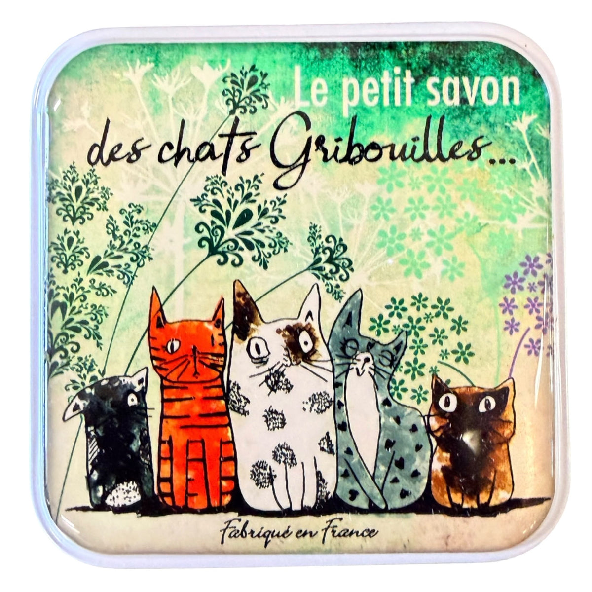 Scatola in metallo porta sapone Chats Gribuilles con saponetta al latte d&