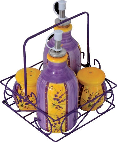 Basket of oil, vinegar, salt, purple lavender pepper